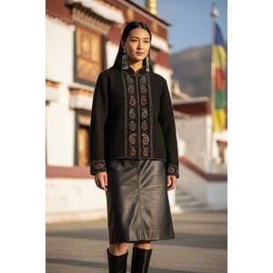 VTG Nomadic Traders Womens Boiled Wool Embroidered Zip Jacket L Art to Wear Boho